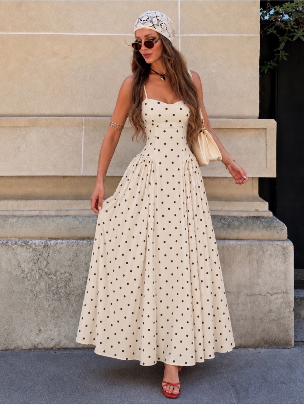 Viral Camila Coelho Cream Brown Polka Dot Corset Maxi Dress Cutout Back L